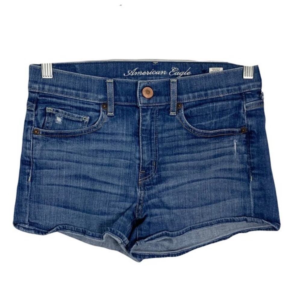 NWOT AMERICAN EAGLE Shorts 6 Denim Stretch Blue Distressed Zip Pocket